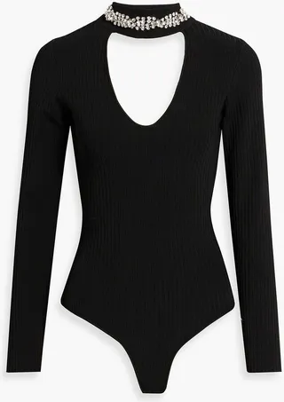 Embellished cutout ribbed-knit turtleneck bodysuit