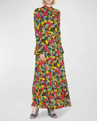Visconti Floral-Print Puff-Sleeve Tiered Maxi Dress