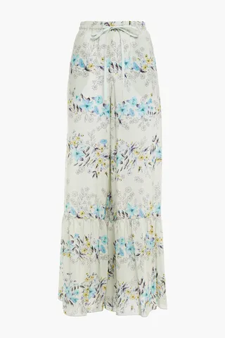 Gathered printed silk wide-leg pants