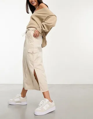 ASOS DESIGN ruched waist midi cargo skirt in stone