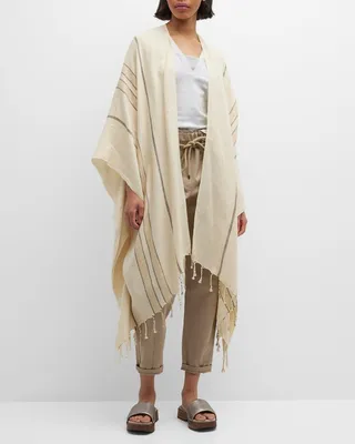 Lurex Striped Linen Poncho with Fringe Trim