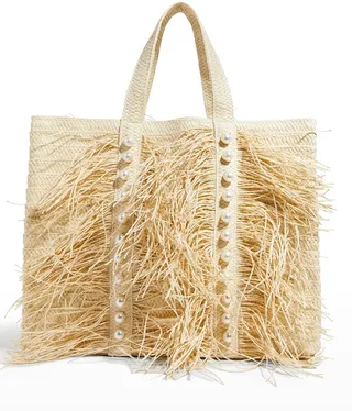 JoJo Straw Pearl-Stud Fringe Tote Bag