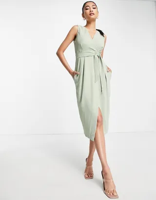 Closet London sleeveless wrap midi dress in sage green