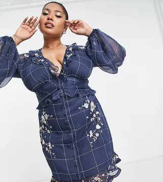 ASOS DESIGN Curve mini dress in check print with pop floral embroidery and lace inserts