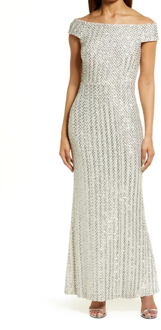 Sequin Grid Off the Shoulder Gown