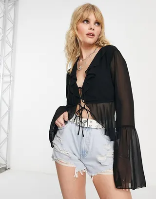 Bershka tie front frill detail blouse in black