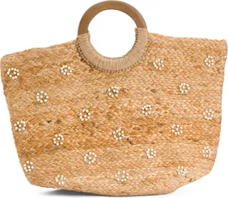 Jute Tote With Pearl Flowers