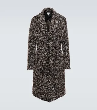 Belted wool-blend tweed overcoat