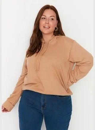 Camel Hooded Basic Knitted Thin Sweatshirt