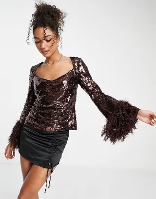 ASOS DESIGN embellished long sleeve top with feather cuff & cowl neck detail in chocolate