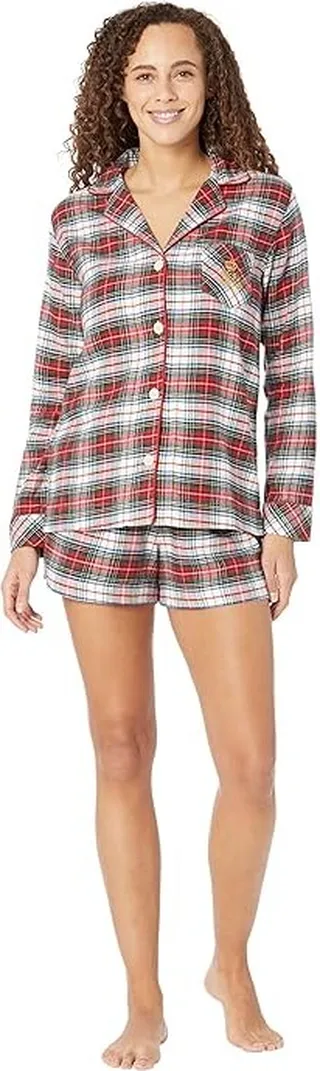 LAUREN Ralph Lauren Long Sleeve Notch Collar Boxer PJ Set (Ivory Plaid) Women's Pajama Sets