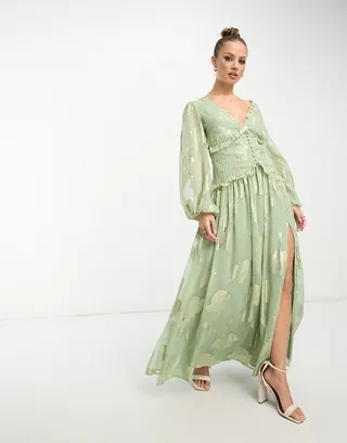 ASOS DESIGN button through pintuck maxi dress in sage metallic jacquard floral