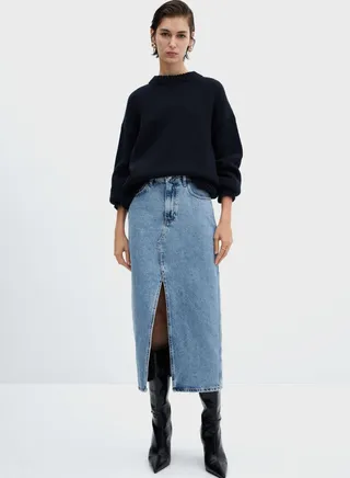 Front Slit Denim Skirt