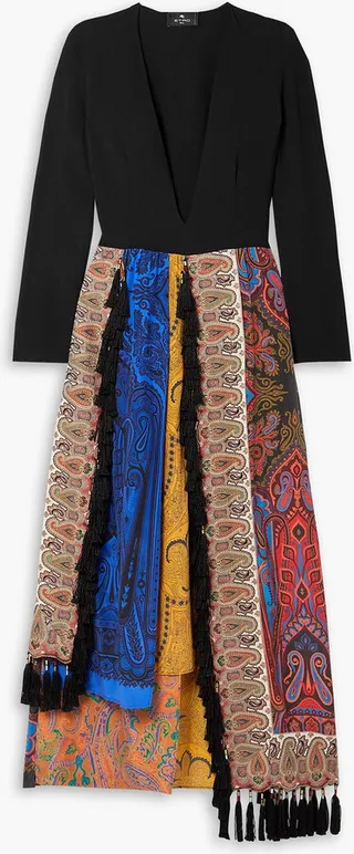 Asymmetric paisley-print silk-paneled woven midi dress