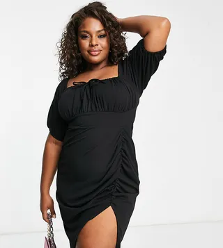 ASOS DESIGN Curve milkmaid neck ruched pencil midi dress in black