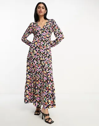Vila tiered button front maxi dress in floral print
