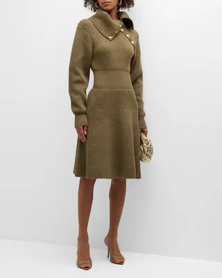 Rita Asymmetric Button Turtleneck Sweater Dress