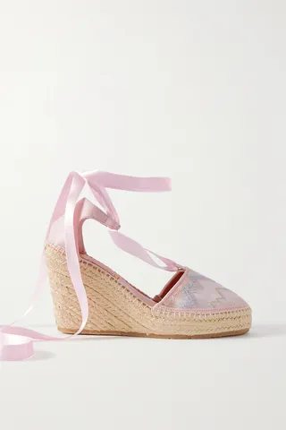 Missoni - Satin And Leather-trimmed Crochet-knit Espadrille Wedge Sandals - Pink