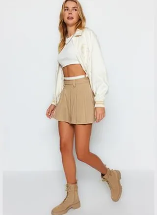 Beige Double-Belt Detail Pleated Mini Woven Skirt TWOAW24ET00079