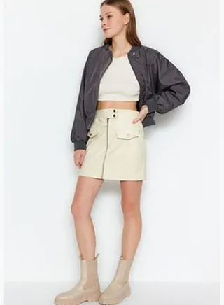 Ecru Skirt in Woven Faux Leather TWOAW21ET0065