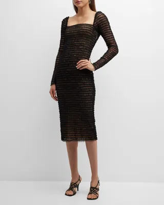 Smocked Ruffle Long-Sleeve Swiss Dot Tulle Midi Dress