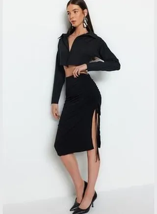 Black Smocking Detailed Slit Normal Waist Midi Length Stretch Knit Skirt TWOAW24ET00037
