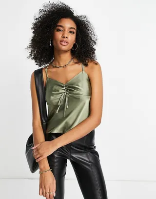Topshop ruched front cami in khaki