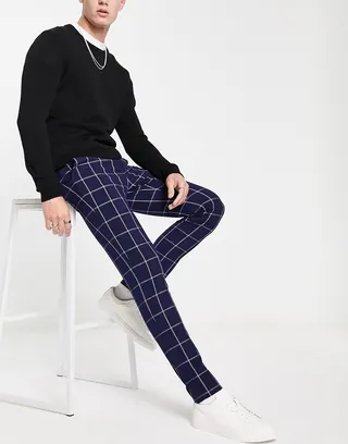 ASOS DESIGN smart skinny pants in navy window plaid
