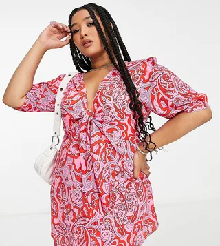 ASOS DESIGN Curve tie front button through mini dress in red scarf print