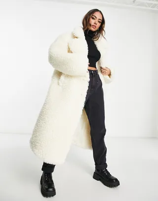 NA-KD oversized teddy faux fur coat in cream