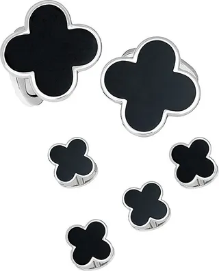 Clover Rhodium-Plated Black Onyx 6-Piece Cufflinks & Shirt Stud Set
