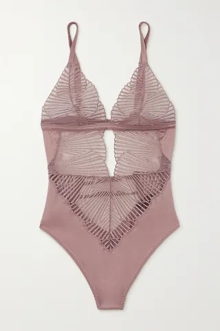 Coco de Mer - Athena Cutout Embroidered Tulle And Satin Bodysuit - Pink