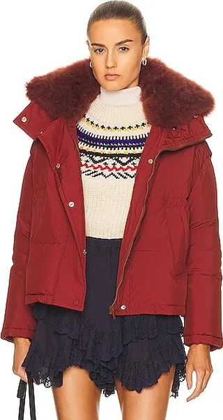 Yves Salomon Oversized Down Removable Collar Puffer Jacket in Wine