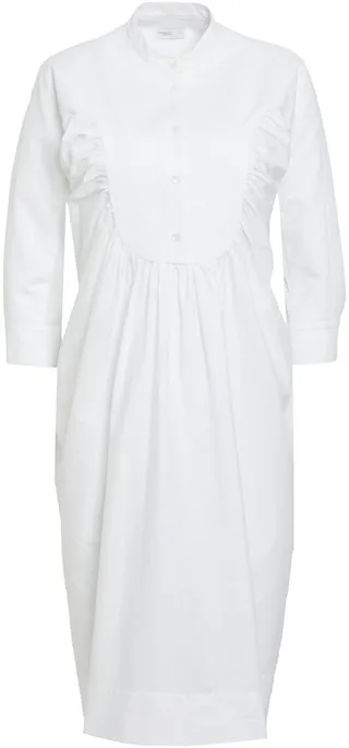 Gathered piqué-paneled cotton-poplin dress