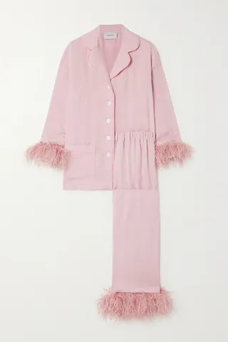 Sleeper - + Net Sustain Feather-trimmed Crepe De Chine Pajama Set - Pink