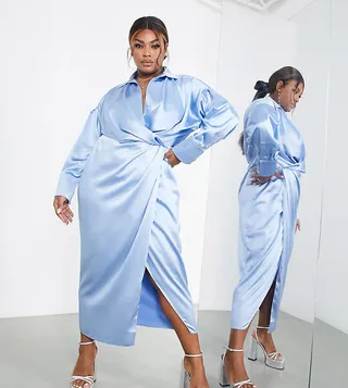 ASOS EDITION Curve split drape satin shirt dress in dusky blue