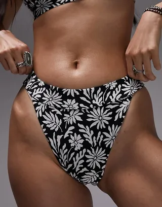 Topshop abstract floral tanga bikini bottoms in monochrome