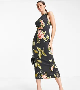 ASOS DESIGN Tall racer neck structured midi dress with cut out detail in floral print