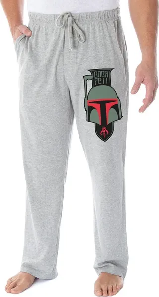 Star Wars Men's Boba Fett Helmet and Mythosaur Skull Banner Sleep Pajama Pants (M) Grey