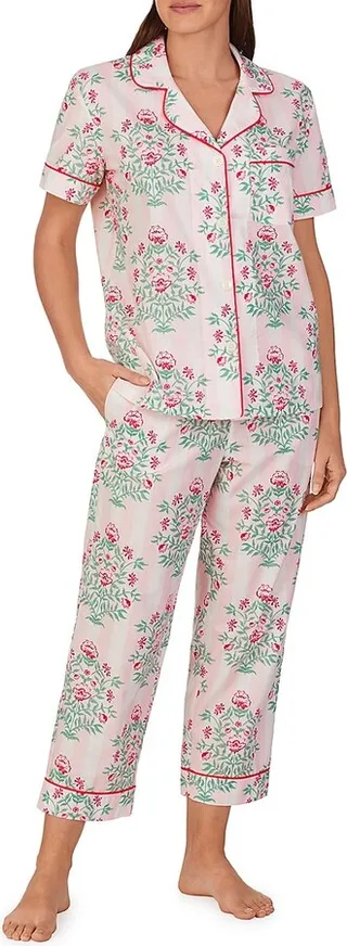 Striped Floral Cropped Two-Piece Pajama Set