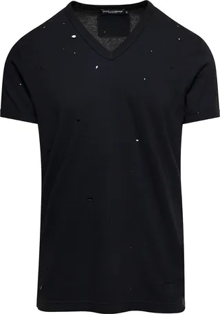 Black T-shirt With All-over Rips And Ri-edition Logo Patch In Cotton Man