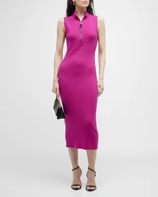 Quarter-Zip Cashmere Rib Midi Dress