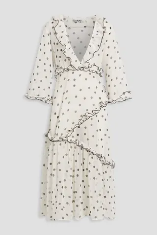 Ruffled polka-dot chiffon midi dress