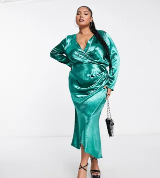 ASOS DESIGN Curve wrap front satin midi dress with cowl back detail in dark green