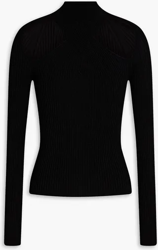 Cutout ribbed and cable-knit turtleneck sweater