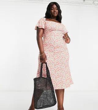ASOS DESIGN Curve flutter sleeve midi tea dress in floral and spot print