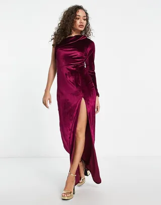 Vesper one shoulder velvet maxi dress in deep purple