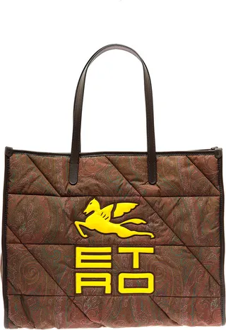 Brown Maxi Tote Bag In Quolted Jacquard Nylon With Cube Logo Woman Etro