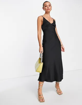 ASOS DESIGN high apex maxi slip dress in hammered satin in black