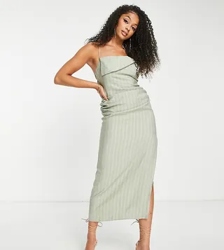 ASOS DESIGN Tall drape neck open back seersucker midi dress in sage